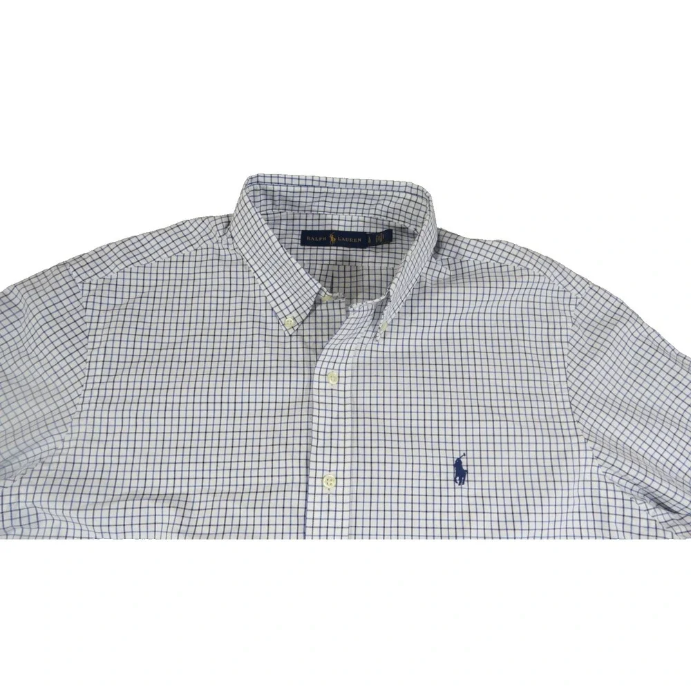 Ralph Lauren Polo Shirt Mens L Blue White Check Cotton Button Down Long Sleeve